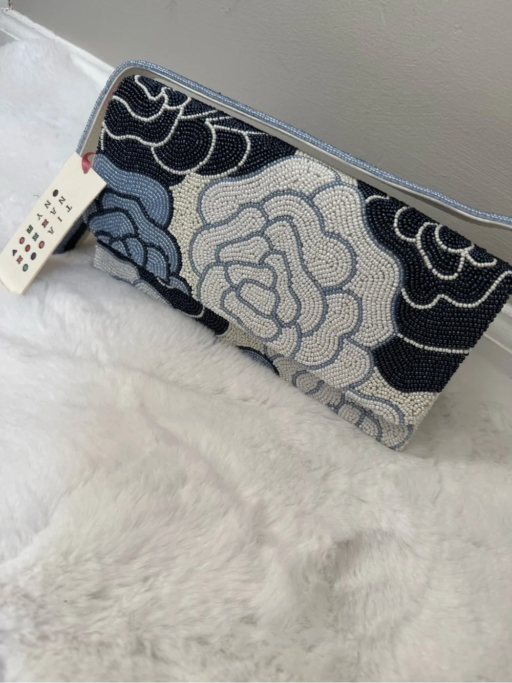 Tiana New York Beaded Floral Clutch Blue White Hand Beaded Wristlet NWT